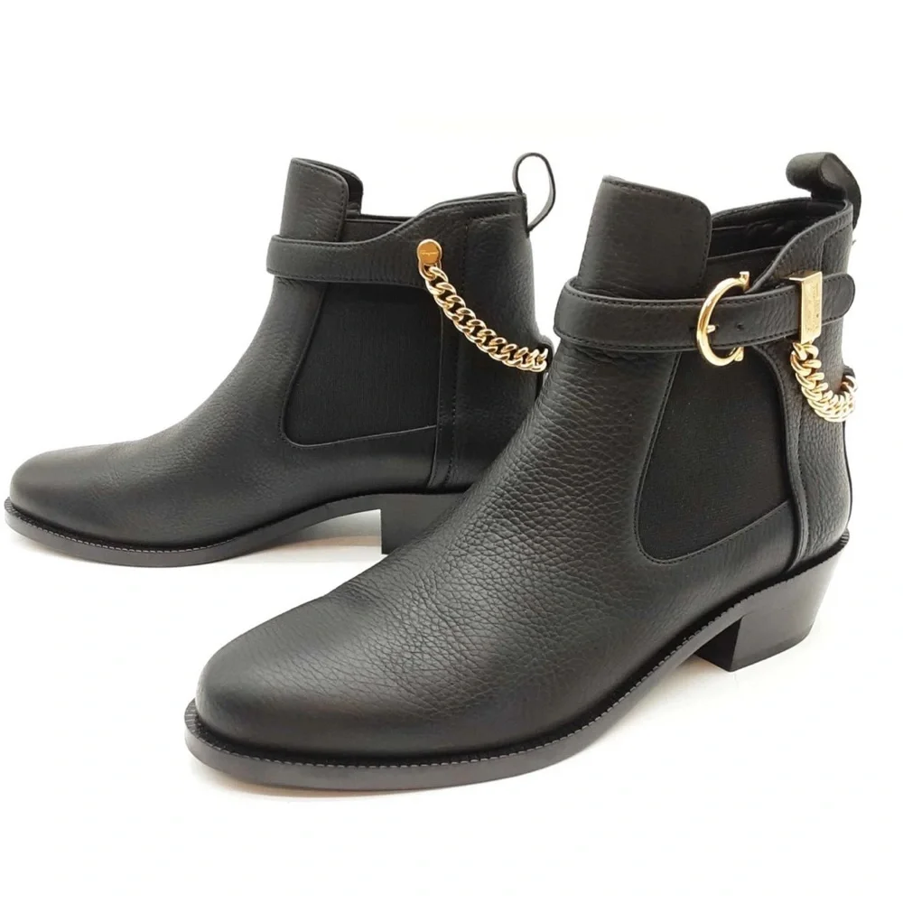 Salvatore Ferragamo Ardisie Chain Embellished Black Leather Ankle Boots